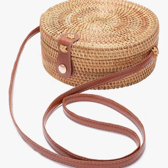 Brown Rattan Woven Round Crossbody Bag - Picture 2 of 4